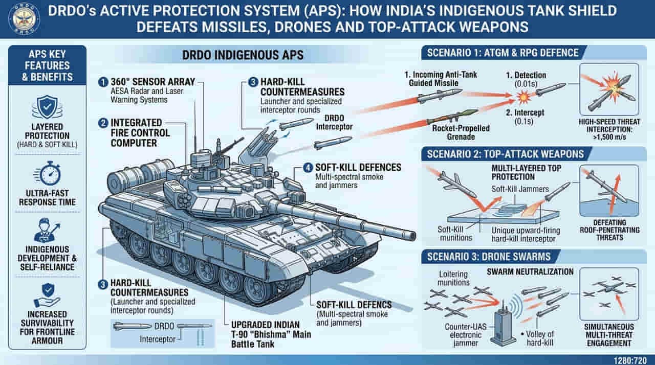क्या डीआरडीओ का APS बनेगा भारतीय टैंकों का नया सीक्रेट कवच? दुश्मन के ड्रोन, ATGM और टॉप-अटैक मिसाइलें होंगी बेअसर! 1 DRDO Active Protection System