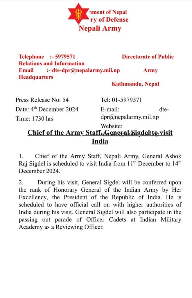 Nepal Army chief India visit: नेपाल सेना प्रमुख का भारत दौरा; गोरखा भर्ती और रक्षा सहयोग पर रहेगा जोर 2 Nepal Army Chief India Visit: Focus on Gorkha Recruitment and Defence Cooperation