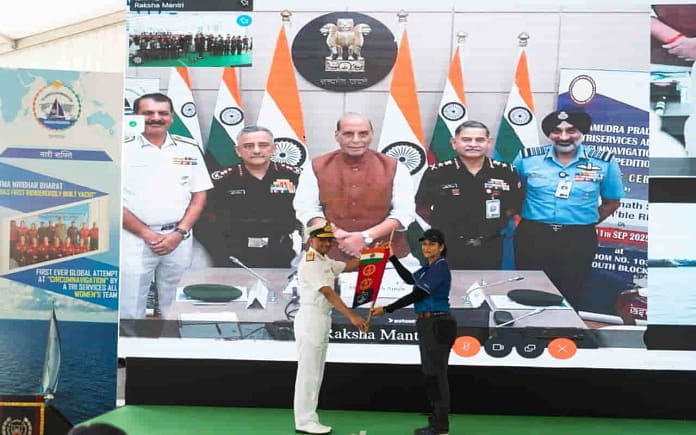 Samudra Pradakshina: Raksha Mantri Flags Off First Tri-Service All-Women Sailing Expedition from Mumbai Samudra Pradakshina: Raksha Mantri Flags Off First Tri-Service All-Women Sailing Expedition from Mumbai