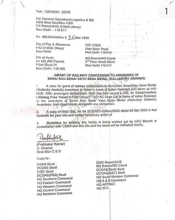 सेना मेडल से सम्मानित सैनिकों को अब मिलेगी आजीवन मुफ्त रेल यात्रा, 1 नवंबर से IRCTC पर शुरू होगी ऑनलाइन बुकिंग 5 Free Railway Travel