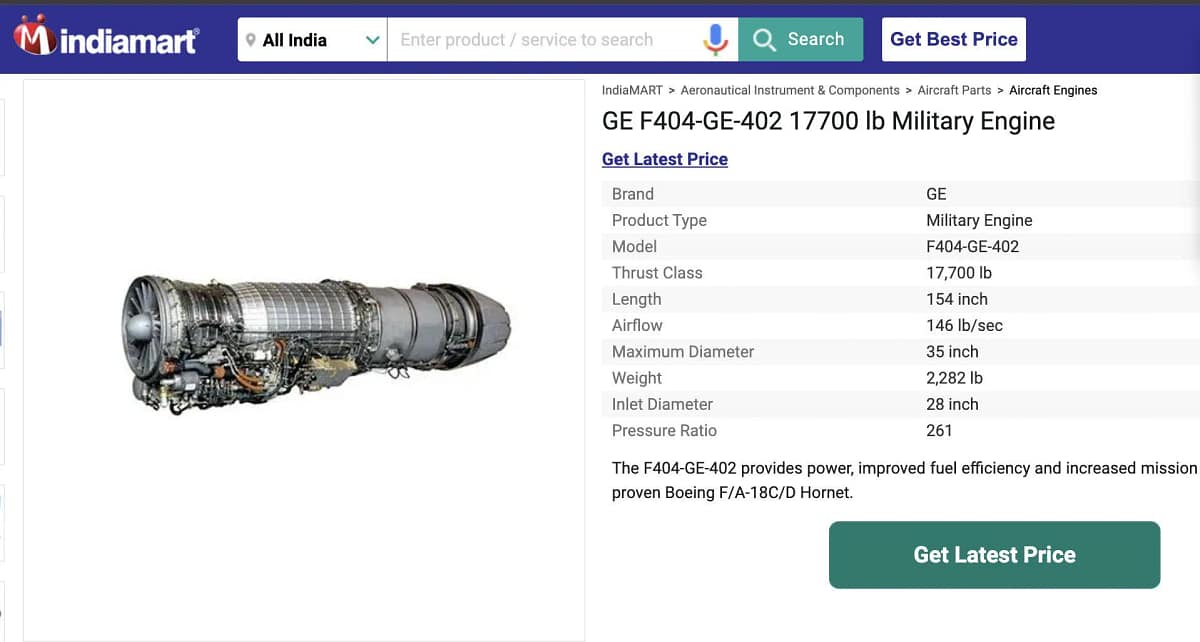 LCA Tejas Mk1A Engine: GE-F404 Engine Available on Indian Mart