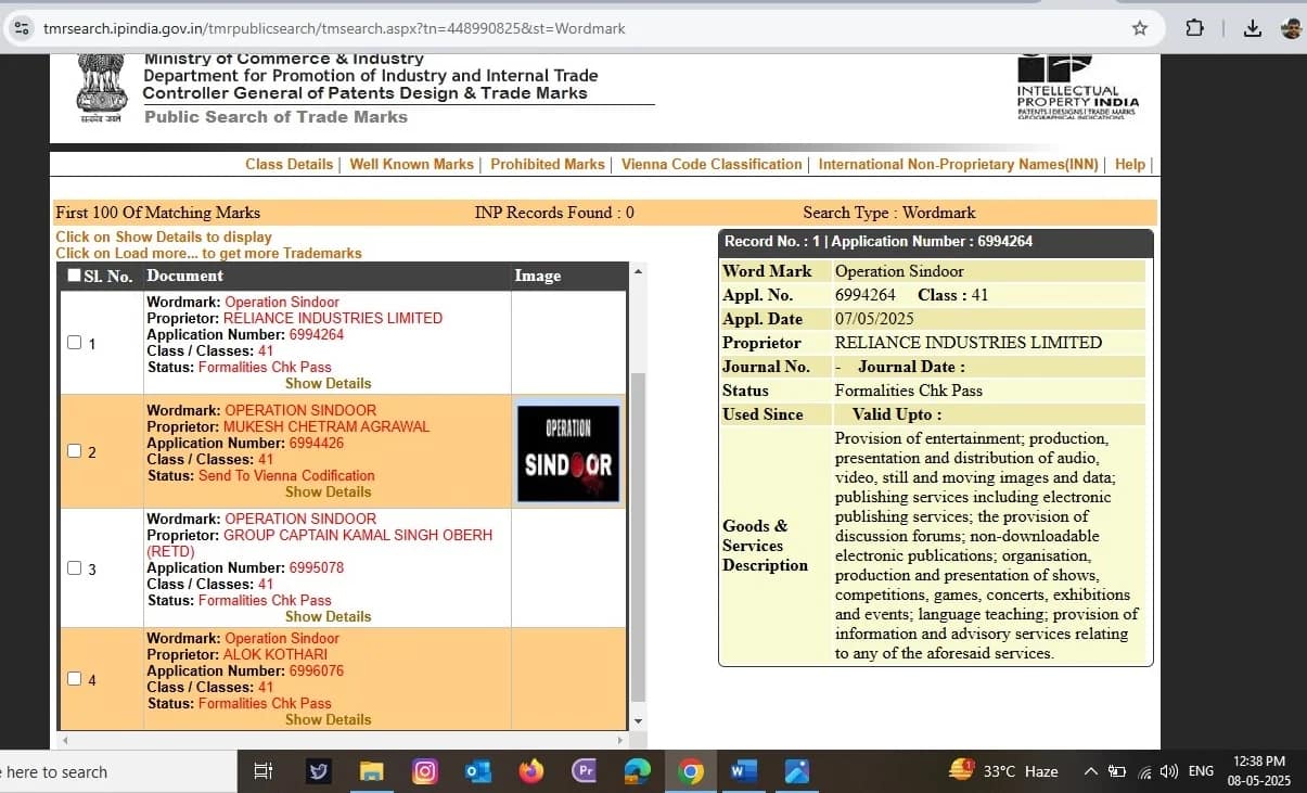 Operation Sindoor Trademark Race: Reliance, Lawyer, Ex-IAF Officer Compete